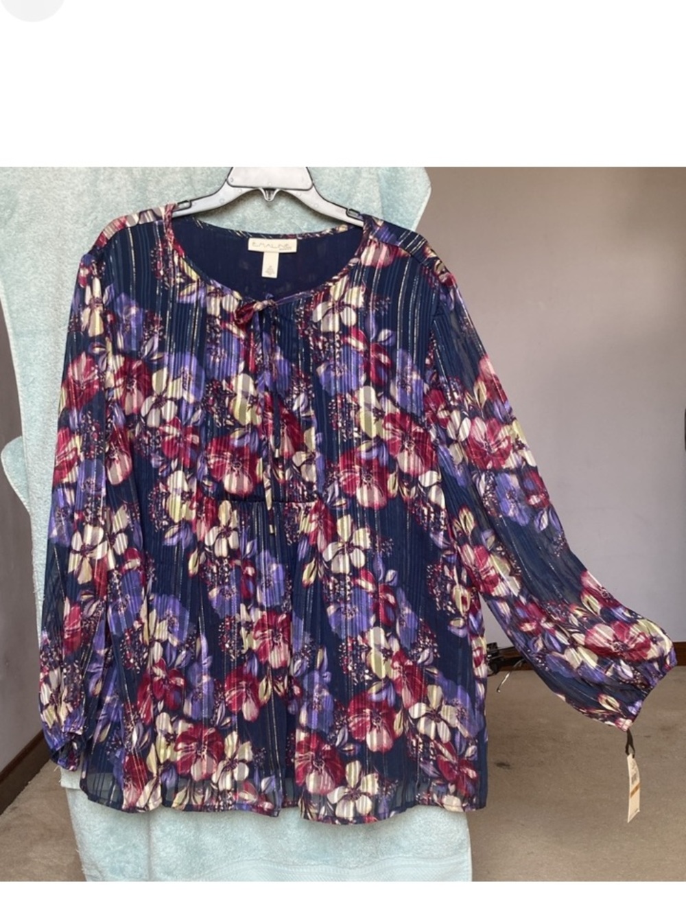 Emaline floral print top w metallic stripes peasant blouse boho party 3X